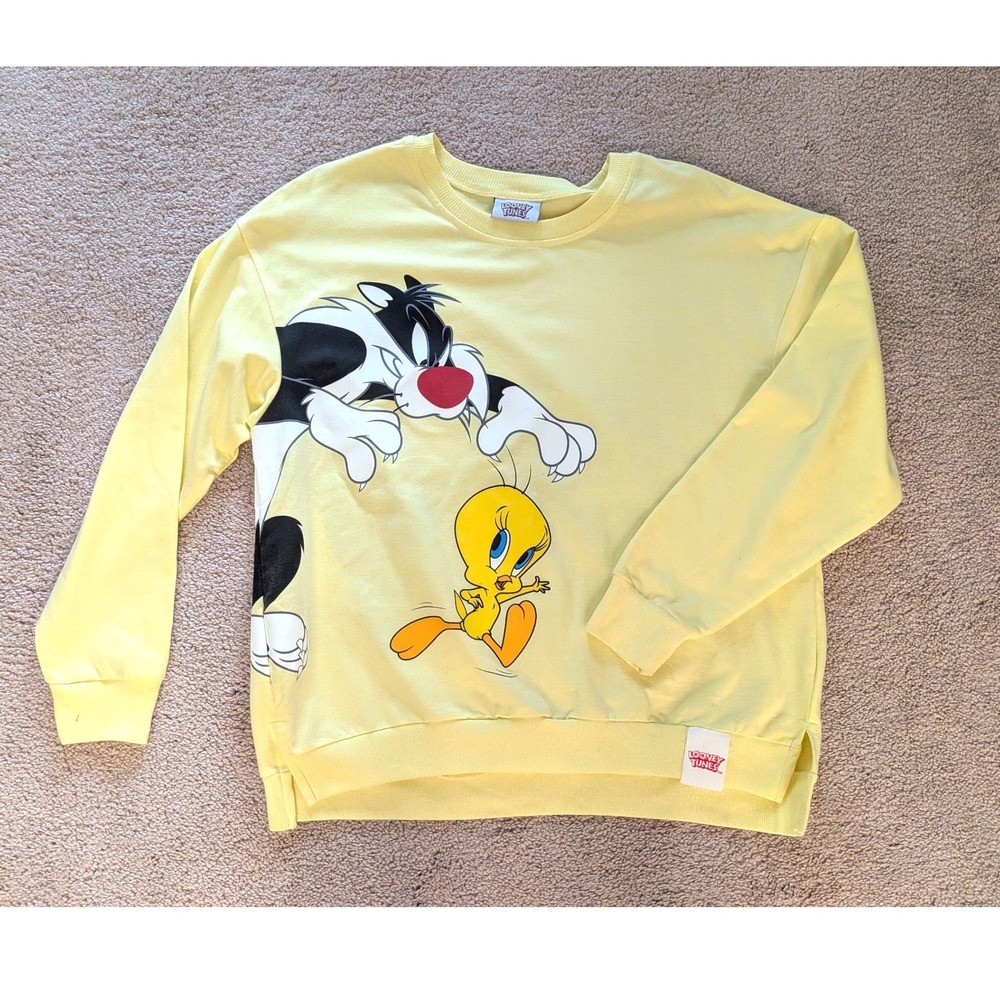 Looney Tunes Sylvester & Tweety Crewneck Sweatshirt Yellow Graphic Pullover‎ G